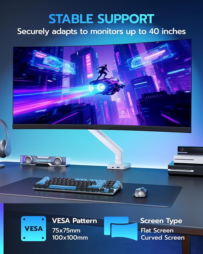 ARES WING Heavy Duty Single Monitor Arm - Fully Adjustable Monitor Mount for 17"-40" Ultrawide Screens up to 26.4 lbs with Clamp/Grommet Desk Mount and USB A/C, 75/100 Vesa Mount, White