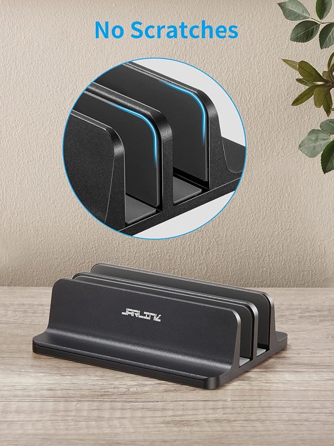 JARLINK Vertical Laptop Stand Holder, Aluminum Double Desktop Stand Holder with Adjustable Dock (Up to 17.3 inch), Compatible with MacBook, Surface, Chromebook, and Gaming Laptops, Black