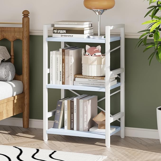 Homeiju Bookshelf, 3 Tier Industrial Bookcase, Metal Small Bookcase, Rustic Etagere Book Shelf Storage Organizer for Living Room, Bedroom, and Home Office(Blue) Patent Pending D29873033