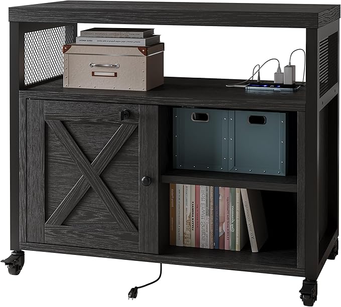 FUSUNBAO Farmhouse Printer Stand with Storage, Rolling Printer Cabinet with Shelves, Charge Station, Wheels, and File Cabinet for Home Office Storage (Black)