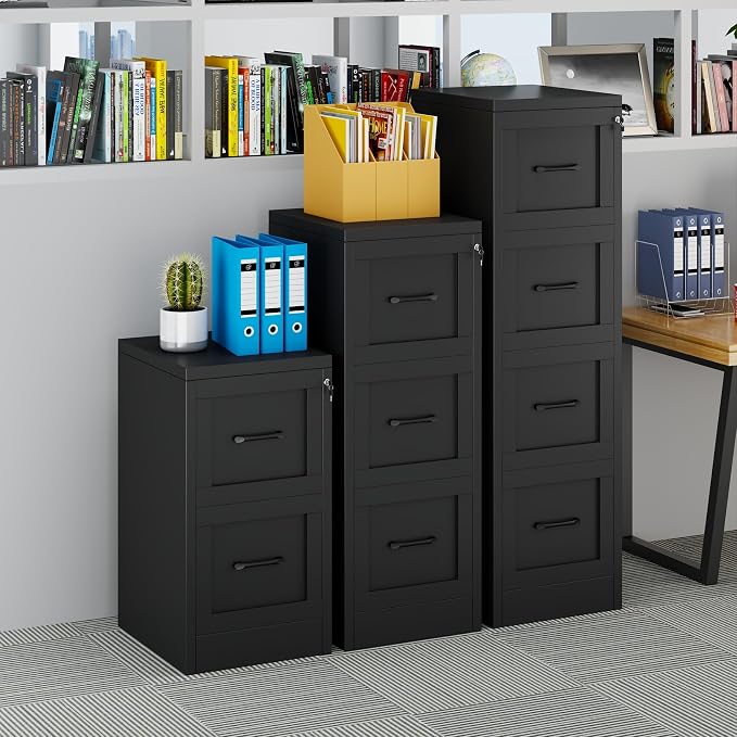 Small Metal 4-Drawer File Cabinet, Under-Desk Filing Cabinet, Black | Locking, Adjustable Hanging Rail, Fit A4, FC, Letter, Hanging File Folders for Home Office Storage Organization, 2PS