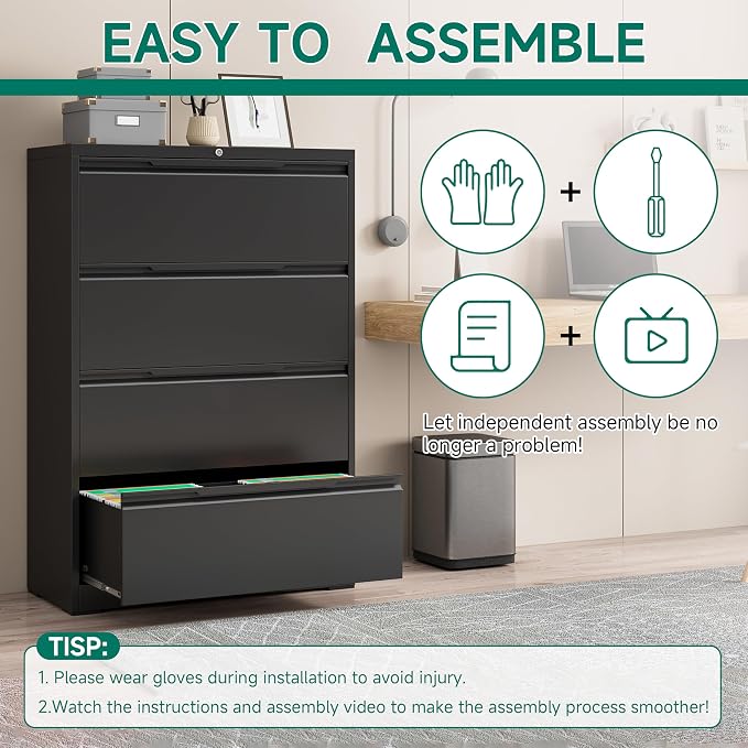 Metal Steel Filling Cabinets for Home Office - 4 Drawer Lockable Lateral File Cabinet for Hanging Files Letter/Legal/F4/A4 Size, Assembly Required - Black