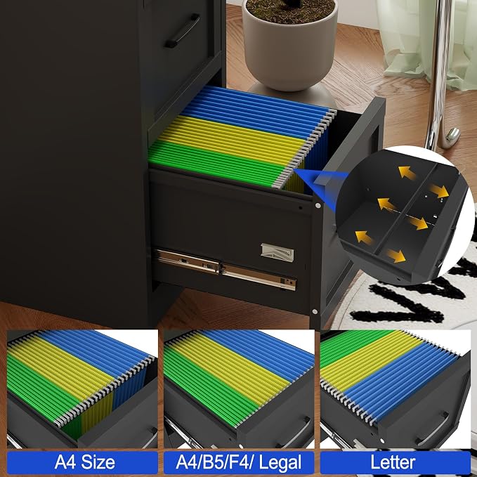 Small Metal 2-Drawer File Cabinet, Under-Desk Filing Cabinet, Black | Locking, Adjustable Hanging Rail, Fit A4, FC, Letter, Hanging File Folders for Home Office Storage Organization, 2PS
