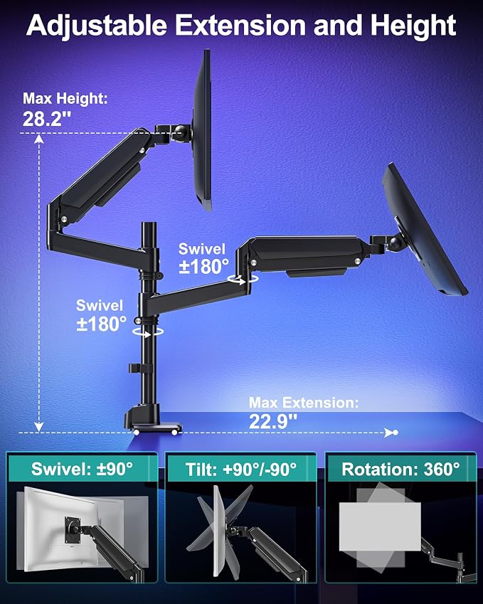MOUNT PRO Dual Monitor Arm for Max 49" Ultrawide Screens up to 44 lbs, Heavy Duty Extra Tall Monitor Desk Mount, Vertical Stacked Adjustable Dual Monitor Mount, VESA Mount 75x75mm/100x100mm