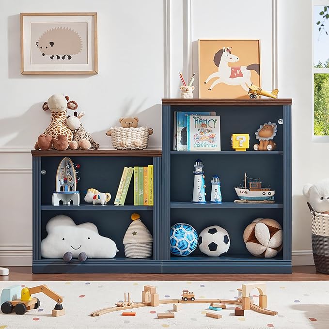 RWYHG 30" Blue Bookshelf Set of 3,2-Tier Thick Wood Book Shelf with Adjustable Shelve,Free Standing Farmhouse Bookcase with Open Display Storage,Floor Vintage Bookshelves for Living Room,Office