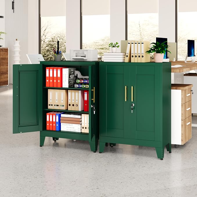 GAIOUS Green Metal File Cabinet with Lock(Two Units), Steel Storage Cabient | with 2 Doors and 2 Adjustable Shelves, Multifunctional Locked Cabinet for Home/Office/Garage/Tool Room, Accent Furniture