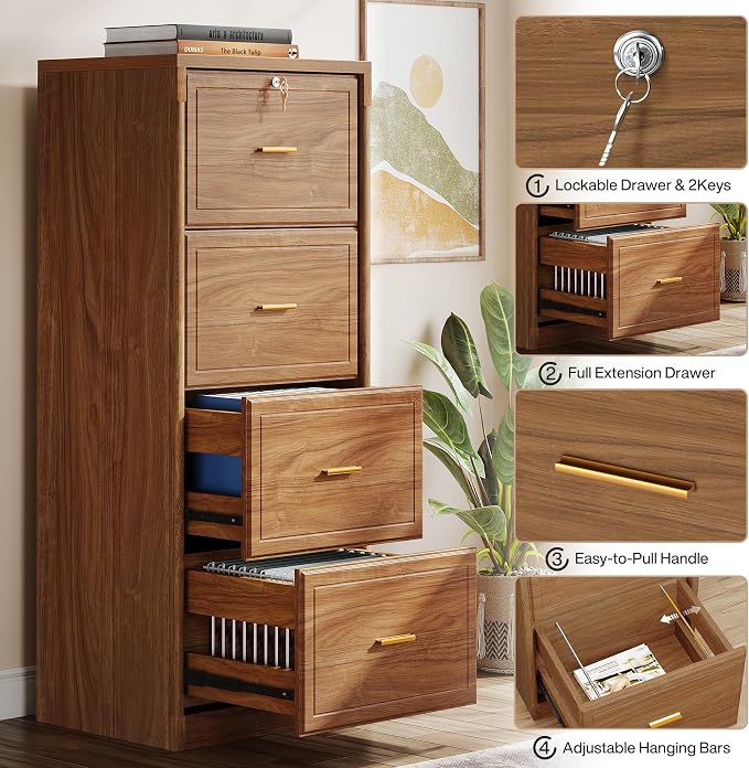 Tribesigns 4-Drawer File Cabinet with Lock, Locked File Cabinet with Key, Tall Wooden Filing Cabinets for Home Office, Vertical Office Storage for Legal Size/Letter/A4/Files, Brown