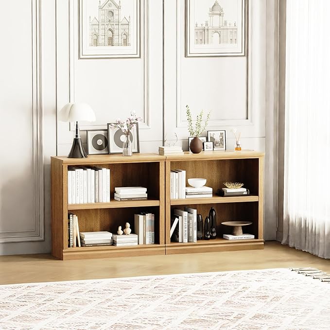 blini 2-Shelf Bookcase Wooden Bookshelves 33in Wide Floor Standing Display Storage Shelves Mahogany Bookcase for Home Office, Living Room, Bed Room
