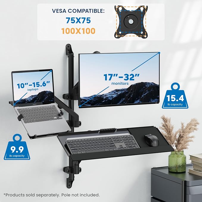 Mount-It! Keyboard Wall Mount with Pole Option, Adjustable Keyboard and Mouse Tray with Spring Arm, Full Motion Swivel Tilt Extension, Ergonomic Workstation for Medical, Office, and Sim Racing