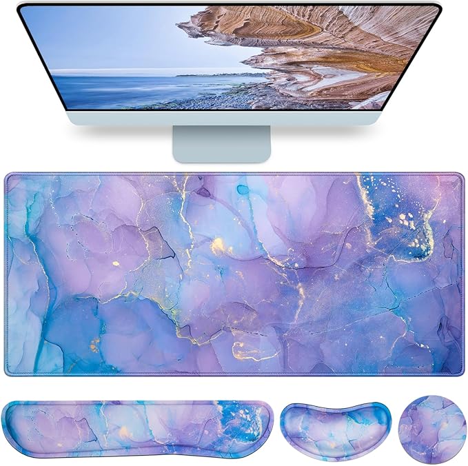 4-in-1 Mouse Pad with Wrist Rest Set Purple,35.4×15.7in Large Gaming Mouse Pad+Keyboard Wrist Rest+Wrist Mousepad+Cup Pad,Ergonomic Mouse Pads,Anti-Slip,Waterproof Keyboard Pad for Home Office