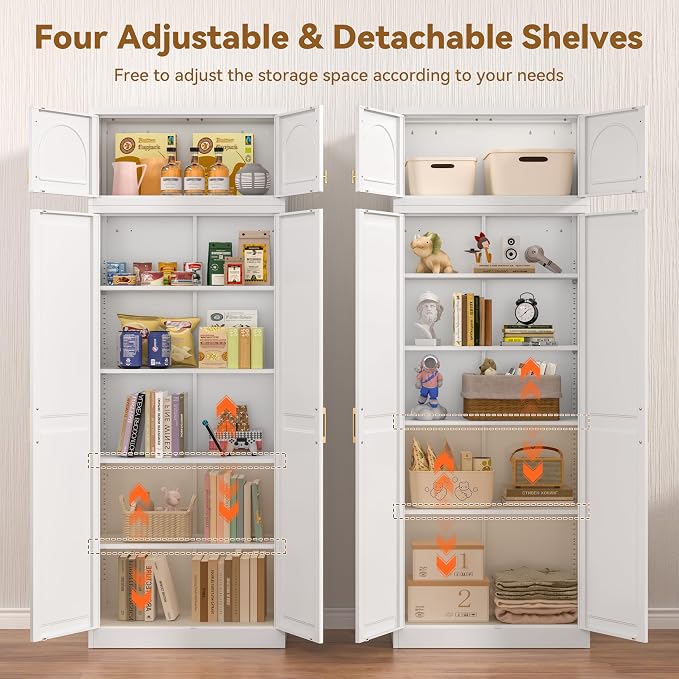 Polup Kitchen Pantry Cabinet, 86 Inch Tall Metal Storage Cabinet, Food Pantry cabinets with Doors and Shelves, White Storage Cabinets for Living, Dining, Office, Bathroom, Garage, Assembly Required