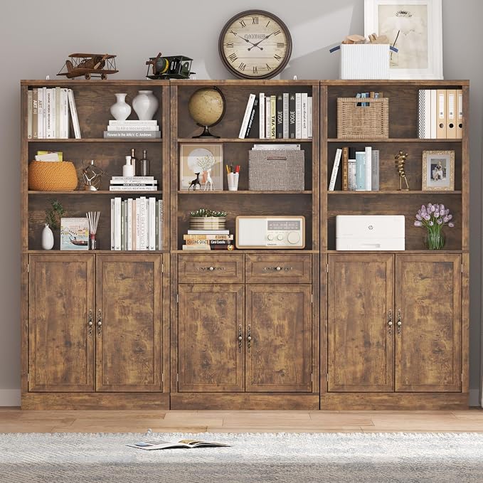 Thacuok 72'' Tall Bookcase with Doors and Drawers, Adjustable Shelves, P2 MDF Construction, 32'' Wide Freestanding Cabinet with Metal Handles, Hidden Storage for Living Room, Bedroom