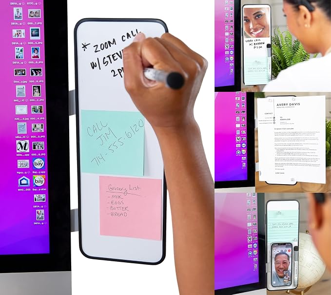 Removable Multi-Use Laptop and Monitor Memo Board; 11.8" x 4.3" Magnetic Whiteboard, Gray Brackets, Marker, Mirror, and 4 Magnets Included; Document Holder; Small Dry Erase Board; Sticky Note Holder