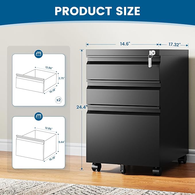 PEUKC 3 Drawers Mobile File Cabinet with Lock, Under Desk Rolling File Cabinet for Home Office, Organizes Letter Legal A4 Files, Black(Assembly Required)