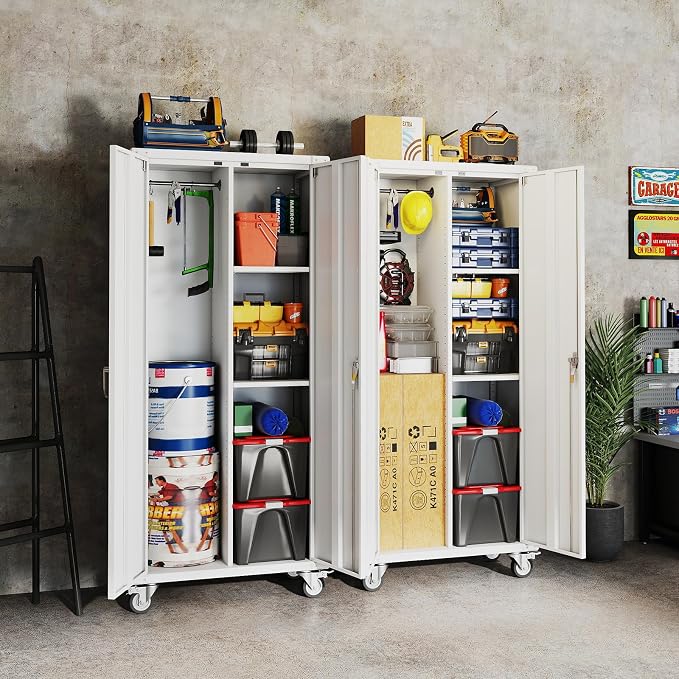 DUMOS Tall Metal Garage Storage Cabinet with Wheels and Adjustable Shelves, 72" Rolling Steel Tool Cabinet with 2 Lockable Doors for Garage, Home, Office, Gym, White