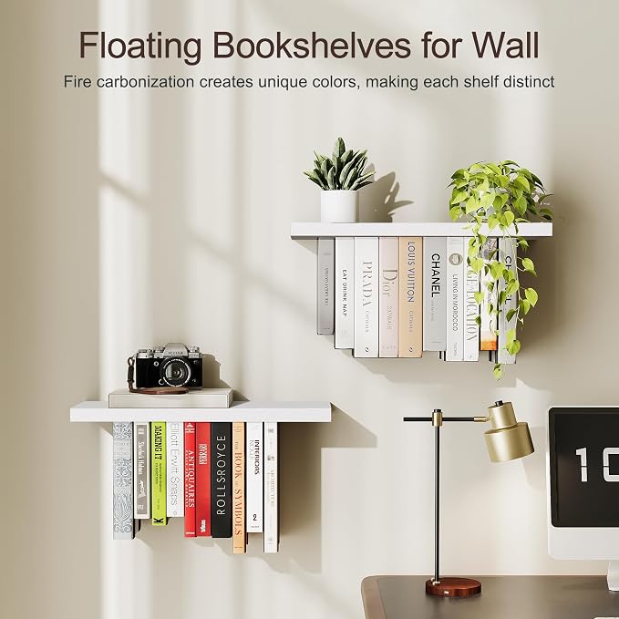Floating Bookshelves for Wall, Rustic Wood Hanging Wall Bookshelf, Upside Down Book Shelf and Wall Mounted Bookshelves for Home Decor in Bedroom, Living Room, White 2 Pack