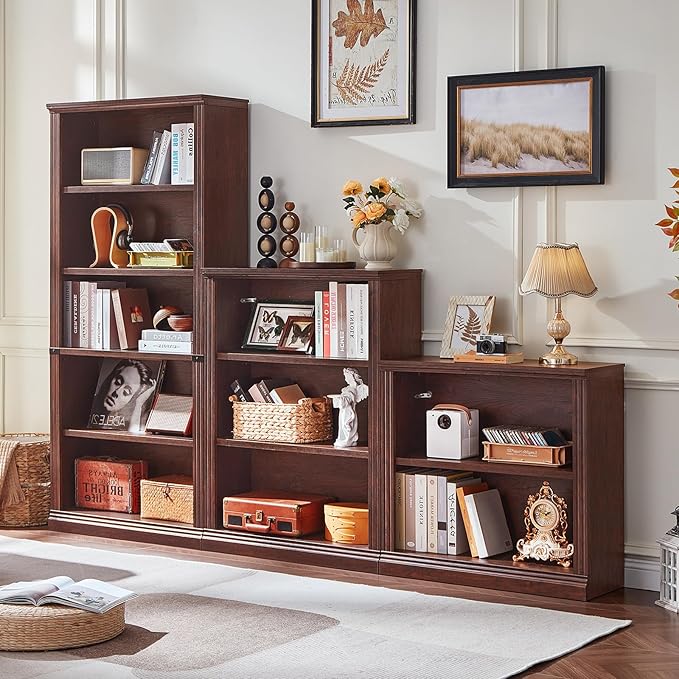 RWYHG 30" Walnut Bookshelf Set of 2,2-Tier Thick Wood Book Shelf with Adjustable Shelve,Free Standing Farmhouse Bookcase with Open Display Storage,Floor Vintage Bookshelves for Living Room,Office