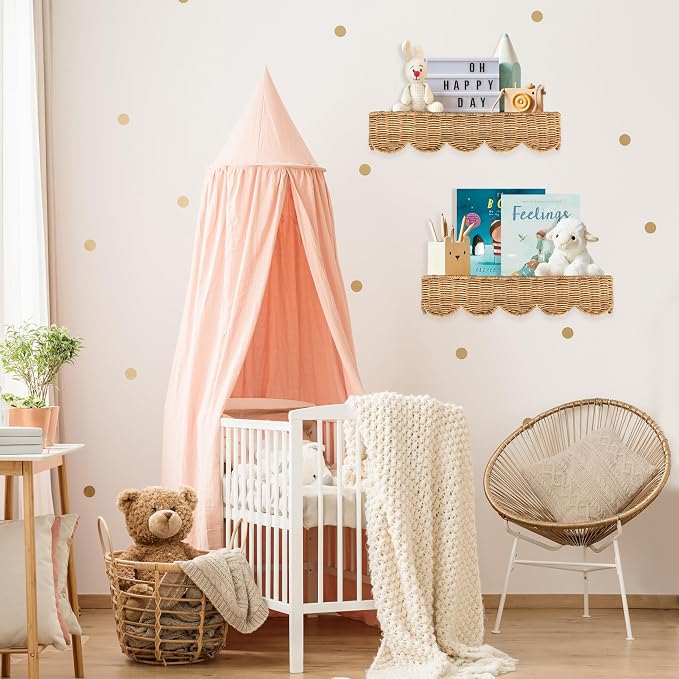Nursery Book Shelves Set of 2 - Artisanal Natural Rattan Scalloped Book Shelf for Kids Rooms 15.8" W, Cute Wicker Nursery Bookshelf Wall Mounted, Handwoven Floating Kids Bookshelf, Baby Boho Decor