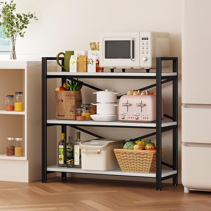 Homeiju 3 Tier Bookshelf 31.49" Width, Wood and Metal Etagere Bookcase, Vintage Farmhouse Modern Wooden Big Book Shelf for Home Living Room Bedroom Office Storage(White)