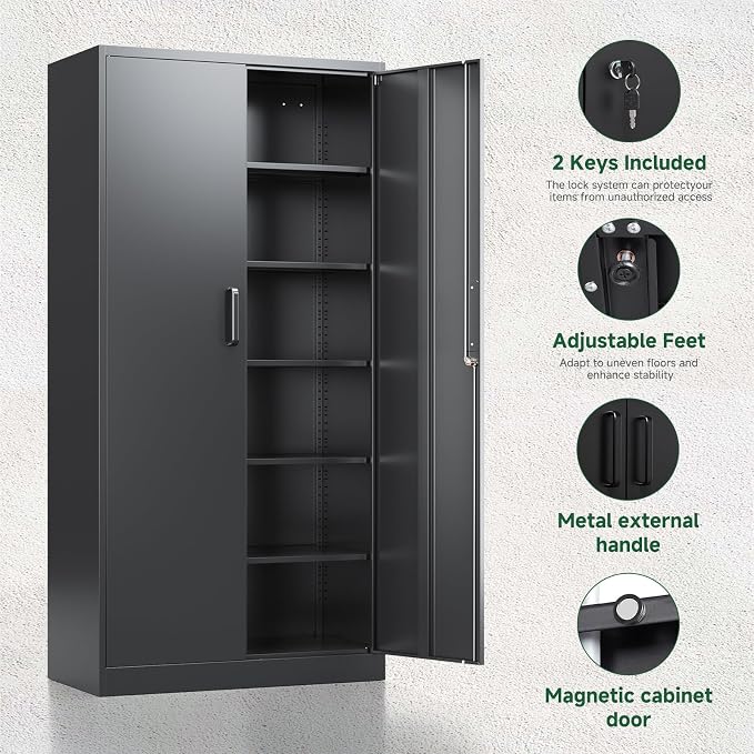 Letaya Metal Garage Storage Cabinets with Lock-72 Tall Tool Organizer Steel Lockers, 5 Adjustable Layers Shelves for Home,Office,Warehouse,Garage,(Black-72“)