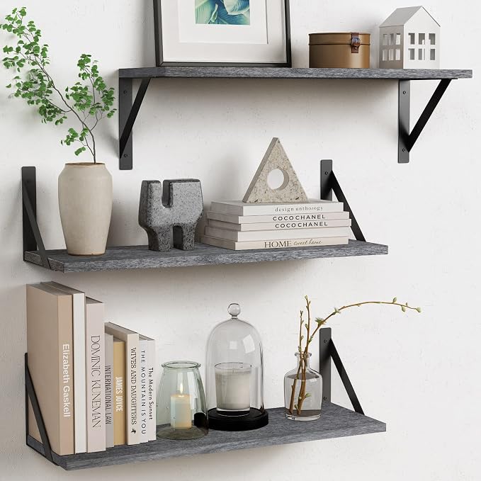 Forbena Gray Floating Shelves Wall Mounted Bookshelf Set of 3, 24 Inches Long 8 Inch Deep Wall Shelves for Bedroom, Bathroom, Living Room, Laundry Room, Kitchen, Office, Closet (Rustic Grey)