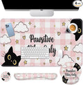 Britimes Pink Cat Kawaii Keyboard Mouse Pad Set Cloud Gingham 4in1 Large Mousepad+Keyboard Wrist Rest+Mouse Wrist Rest+Coaster Ergonomic Design for Home Office Computer 35.4x15.7 inches