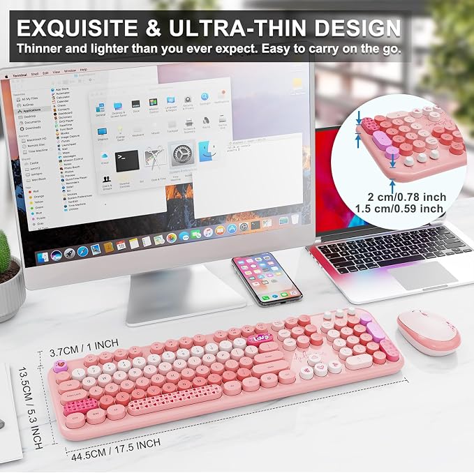 FOPETT Wireless Keyboard and Mouse Combo - 2.4G Full-Sized Cute Colorful Retro Keyboard with Round Keycaps 104 Keys Typewriter Keyboard for Laptop/Windows/PC-Pink Colorful