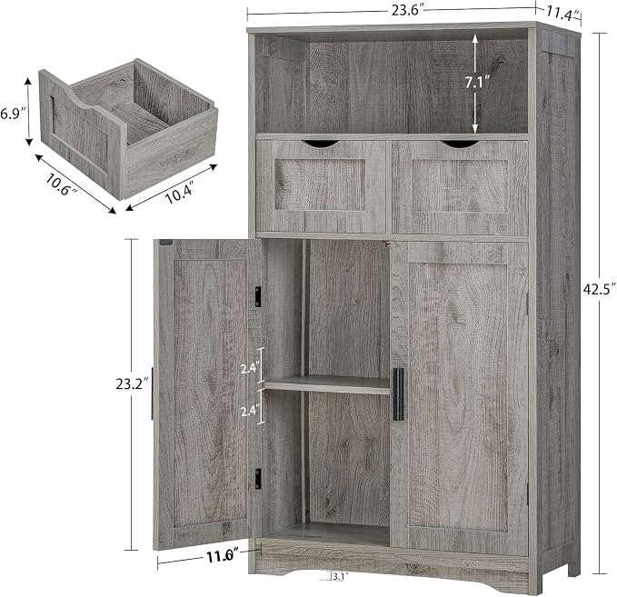 Iwell Storage Cabinet with 2 Drawers & 2 Adjustable Shelves, Kitchen Cabinet, Cupboard, for Living Room, Kitchen, Entryway, Home Office, Grey
