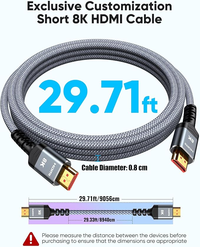 Highwings 8K HDMI Cable Long 2.1 30FT/9M, 48Gbps High Speed HDMI 4K120 144Hz Dynamic HDR 10 eARC HDCP 2.2&2.3 Compatible for PS5, Blu-ray Player and Monitor