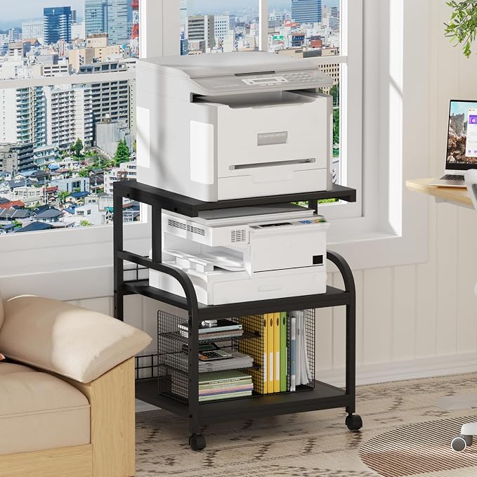 Lerliuo Large Printer Stand with Storage, 23.6"W x 18.9"D x 30.2"H, 5-Adjustable Shelf Heights Mobile 3 Tier Table with Lockable Wheels, Industrial Rolling Printer Cart, Black Stands for Home Office