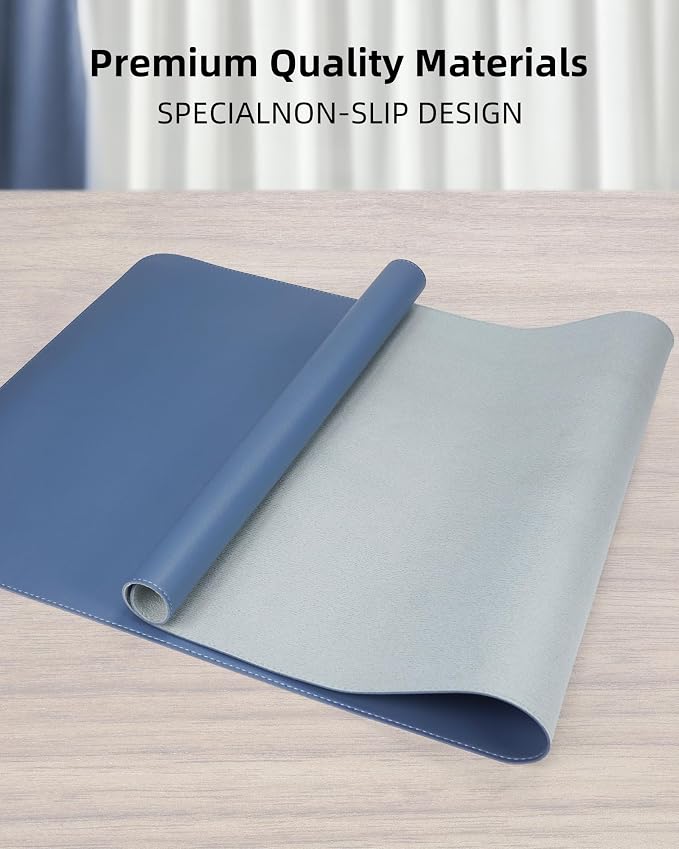 Leather Desk Pad Protector, Mouse Pad, Office Desk Mat, Non-Slip PU Leather Desk Blotter, Laptop Desk Pad, Waterproof Desk Writing Pad for Office and Home (Grey Blue, 31.5" x 15.7")
