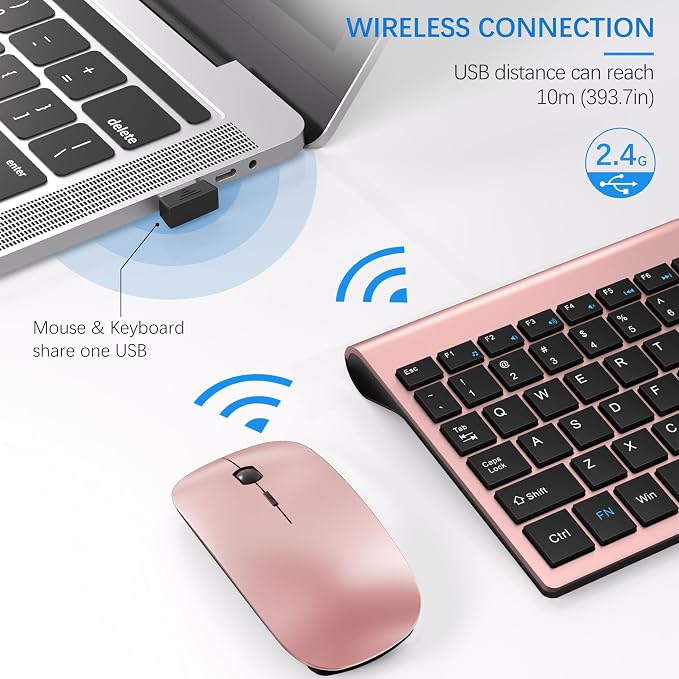 Wireless Keyboard and Mouse Ultra Slim Combo, TopMate 2.4G Silent Compact USB 2400DPI Mouse and Scissor Switch Keyboard Set with Cover, Batteries Included, for PC/Laptop/Windows/Mac - Rose Gold Black