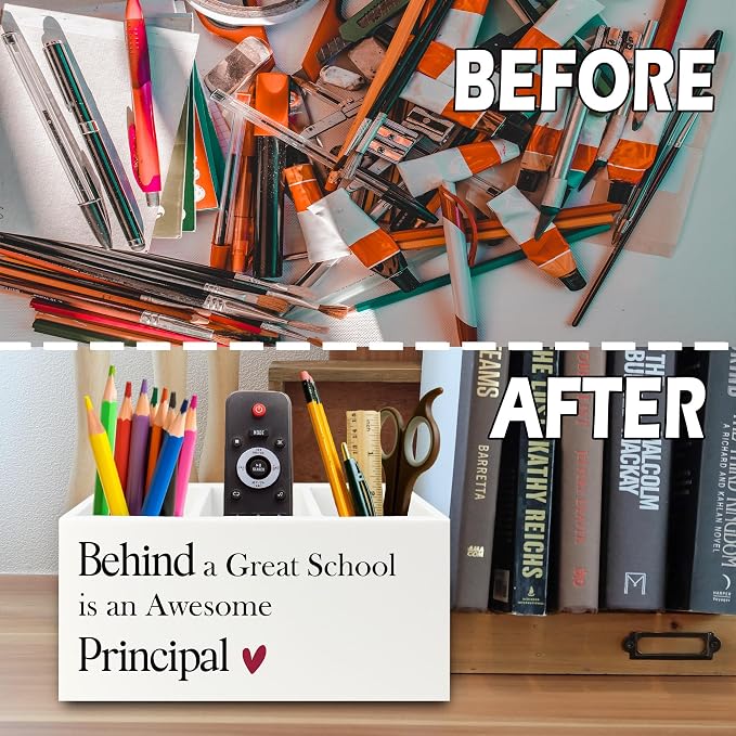 Principal Gifts Pen Pencil Holder Organizer for Desk, Gifts for Principals Women Men, Behind a Great School Is an Awesome Principal Wooden Box Sign for Office Workplace Desk Tabletop Decorations