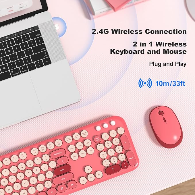 KNOWSQT Wireless Keyboard and Mouse Combo - Lovely Red 2.4G Full-Sized Colorful Keyboards, Round Keycap USB Dongle Plug Play Cute Keyboards for Windows, Laptop, PC, Desktop, Mac