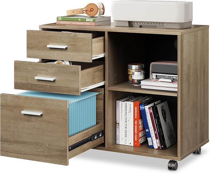 DEVAISE 3 Drawer Mobile File Cabinet, Wood Lateral Filing Cabinet, Printer Stand with Open Shelves for Home Office, Gray Oak