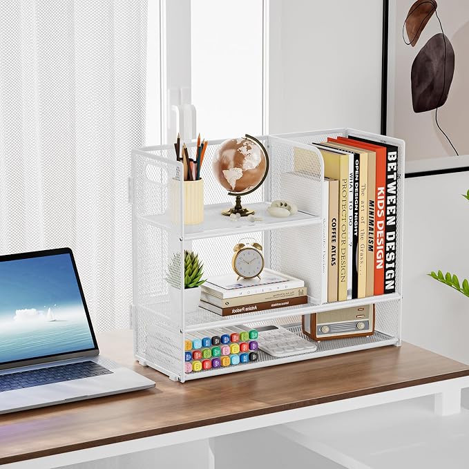 Marbrasse 3-Tier Desk Shelf Organizer with Handle, Desktop Bookshelf File Holder, Mesh Display Shelf Organizer Storage Rack for Office, Home, Supplies, Kitchen (White)