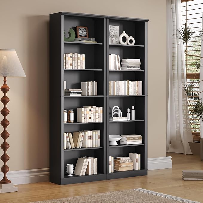 Thacuok Black Bookshelf, 75" Tall Bookcase, 6 Tier Adjustable Storage Shelves, Book Shelf with Anti-Tipping Device, Floor Standing Modern Display Rack for Living Room, Bedroom, Office