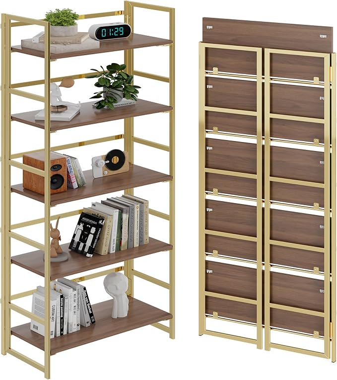 BHG Vintage Multifunctional Folding Bookshelf,5 Tier No-Assembly Plant Stand Storage Rack Shelves for Home Office (Brown&Gold, 5-Tier)