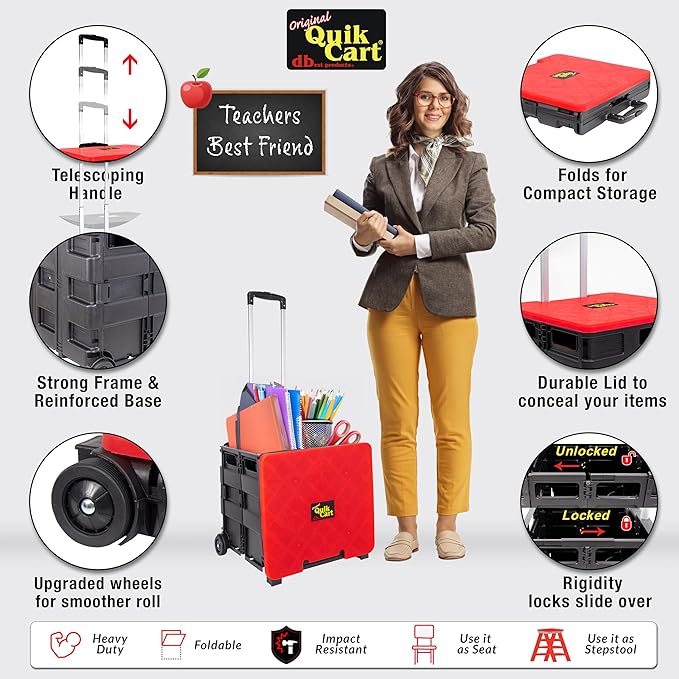 dbest products Quik Cart Collapsible Rolling Crate on Wheels for Teachers Tote Basket 80 lbs Capacity, Made from Heavy Duty Plastic and used as a Seat, Standard, Red
