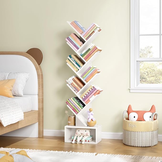 Hoctieon 9 Tier Tree Bookshelf, Tall Bookcase with Drawer, Wood Book Shelf, Modern Floor Standing Bookshelves, Book Organizer Shelves for Bedroom, Living Room, Home Office, White