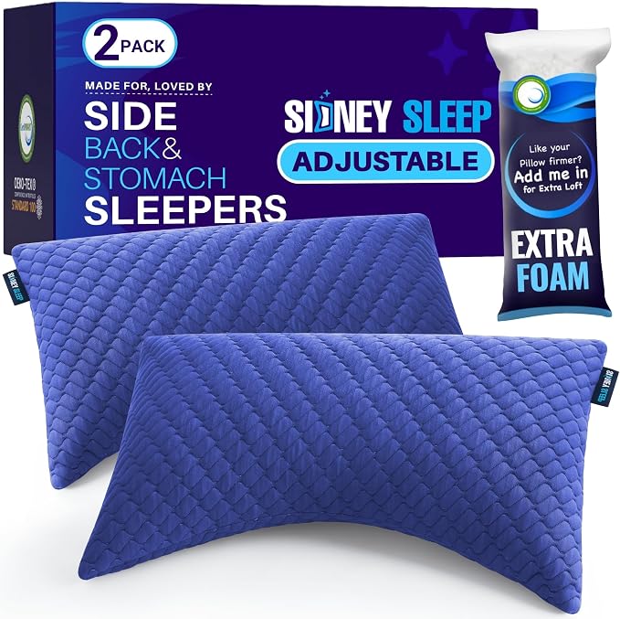 Sidney Sleep Set of 2 Queen Size Bed Pillows for Side and Back Sleepers - Adjustable Filling - Memory Foam Pillows for Neck and Shoulder Pain - Customizable Loft - Extra Foam Included (Blue)