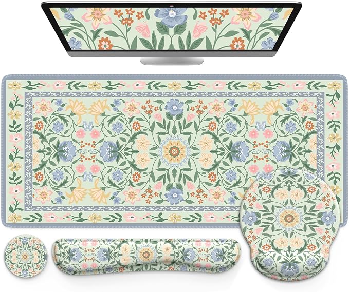 iCasso Desk Cover Mat, Gaming Mouse Pad Wrist Support Set,4in1 XXL Large Mousepad + Keyboard Wrist Rest+Mouse Wrist Rest+Coaster Set with Ergonomic Design for Home Office Table Computer(Green Flowers)