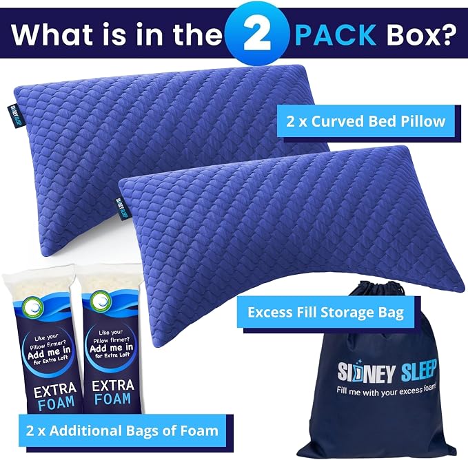 Sidney Sleep Set of 2 Queen Size Bed Pillows for Side and Back Sleepers - Adjustable Filling - Memory Foam Pillows for Neck and Shoulder Pain - Customizable Loft - Extra Foam Included (Blue)