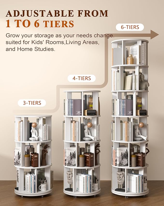 4-Tier Solid Wood Rotating Bookshelf on Wheels, 360° Spinning Book Shelf Tower, Round Revolving Bookcase Organizer, Rolling Bookshelves for Small Spaces, Corner, Bedroom, Kids Room, Office, White