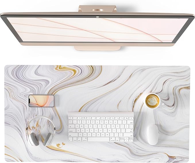 QIYI White Mouse Pad, Cute Marble Large Desk Mat, PU Leather Desk Protector Mousepad, Gold Grey Striped Waterproof Computer Keyboard Gaming Mouse Pads, Non Slip Extended Writing Pad 31.5" x 15.7"