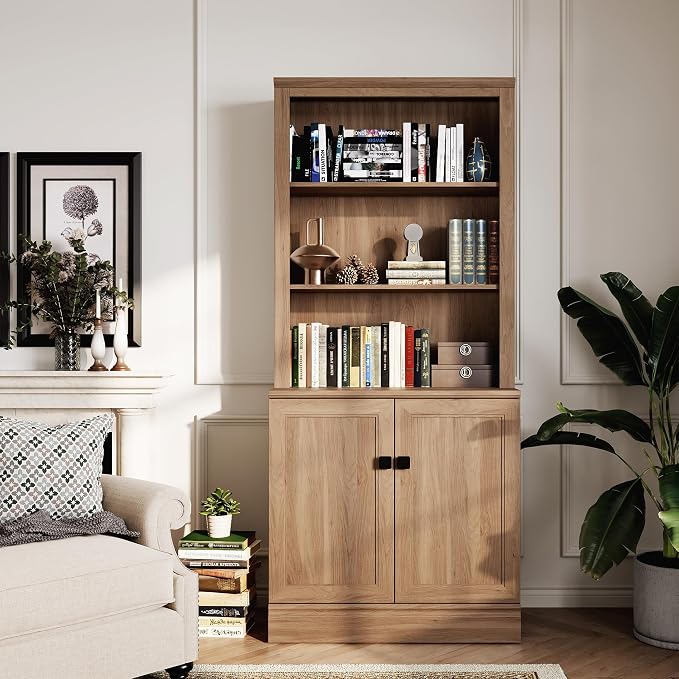 FENSULN 72 in Tall Bookshelf 5 Tiers Bookcase with Adjustable Shelves, Oak Bookcase with Storage Cabinet, Wood Freestanding Display Bookshelves for Home Office,Bedroom, Living Room(Pack 2)