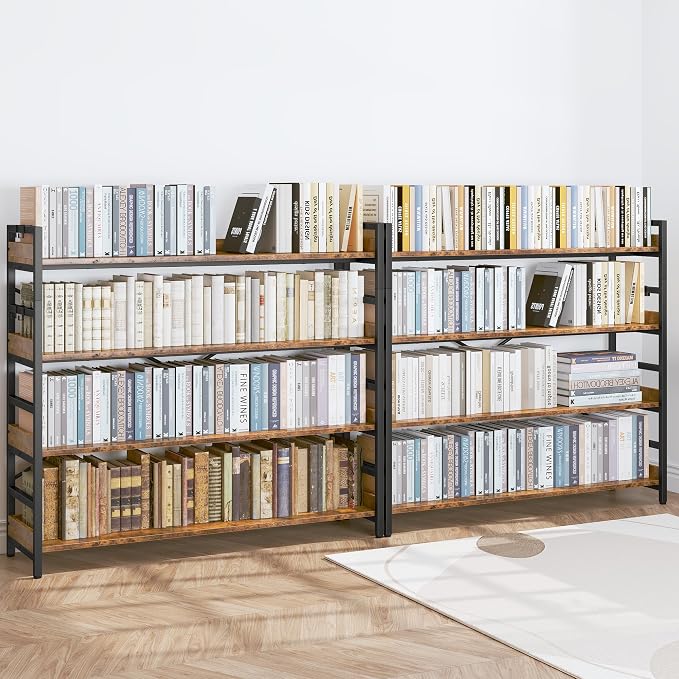 HCHQHS 4 Tier Bookshelf, Adjustable Industrial Bookcase, Vertical Tall Book Shelf, Wood and Black Metal Open Bookshelves for Home Office, Living Room, Bedroom