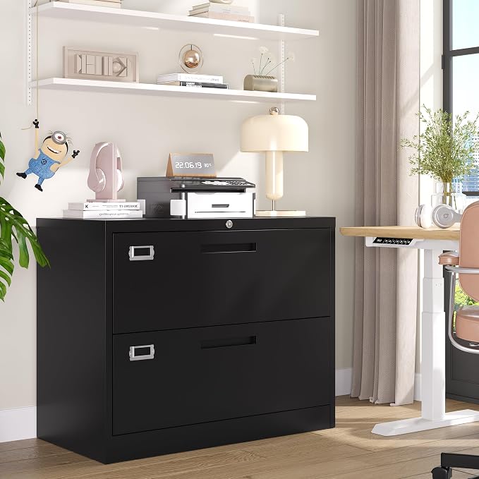 BYNSOE 2 Drawer Lateral File Cabinet Metal Filing Cabinet with Lock Office Home Steel Lateral File Cabinet for A4 Legal/Letter Size Lockable Wide Metal Cabinet,Assembly Required(2 Drawer, Black)