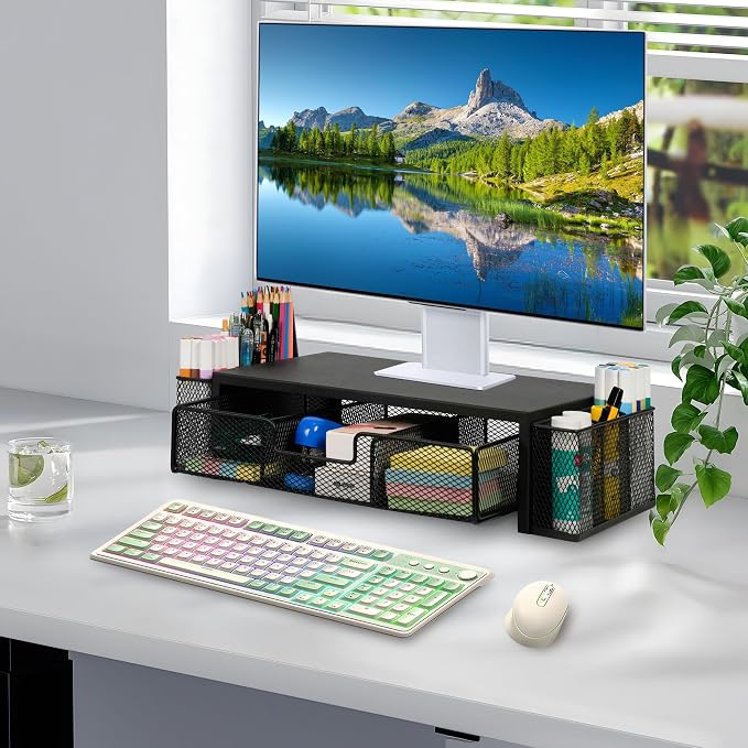 Qupui Computer Monitor Stand Riser with Drawer and Pen Holders, Desk Organizer Shelf and Accessories, Office Desk Accessories, Office Organization, Black
