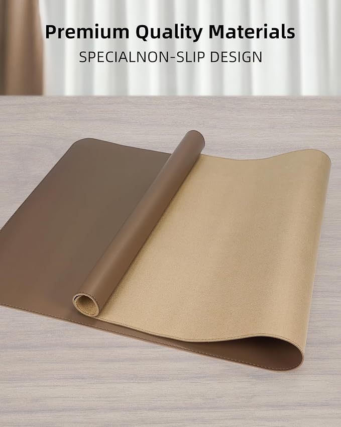 Leather Desk Pad Protector- 48" x 17" Office Desk Mat, Non-Slip PU Leather Mouse Pad, Waterproof Desk Blotter Mat, Desk Cover for Office and Home (Dark Khaki)